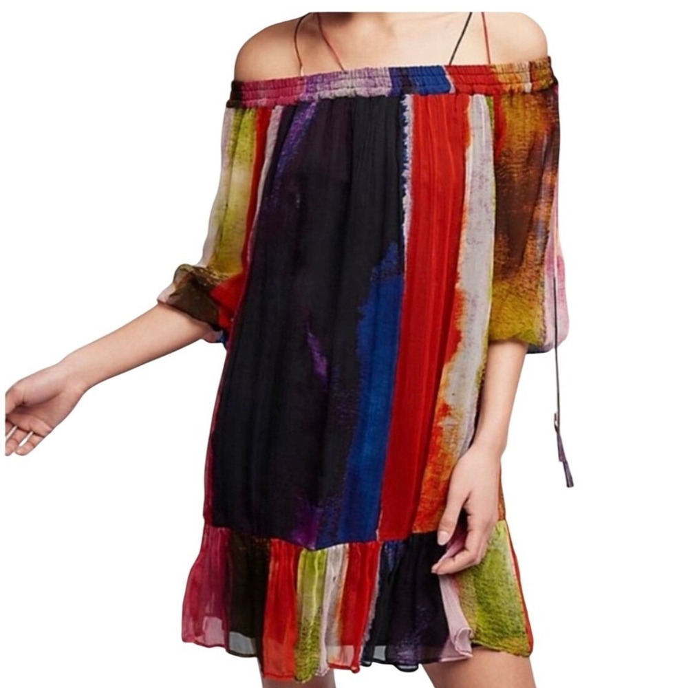 Anthropologie Abstract Watercolor Off The Shoulder Ruffle Mini Dress Multi Small